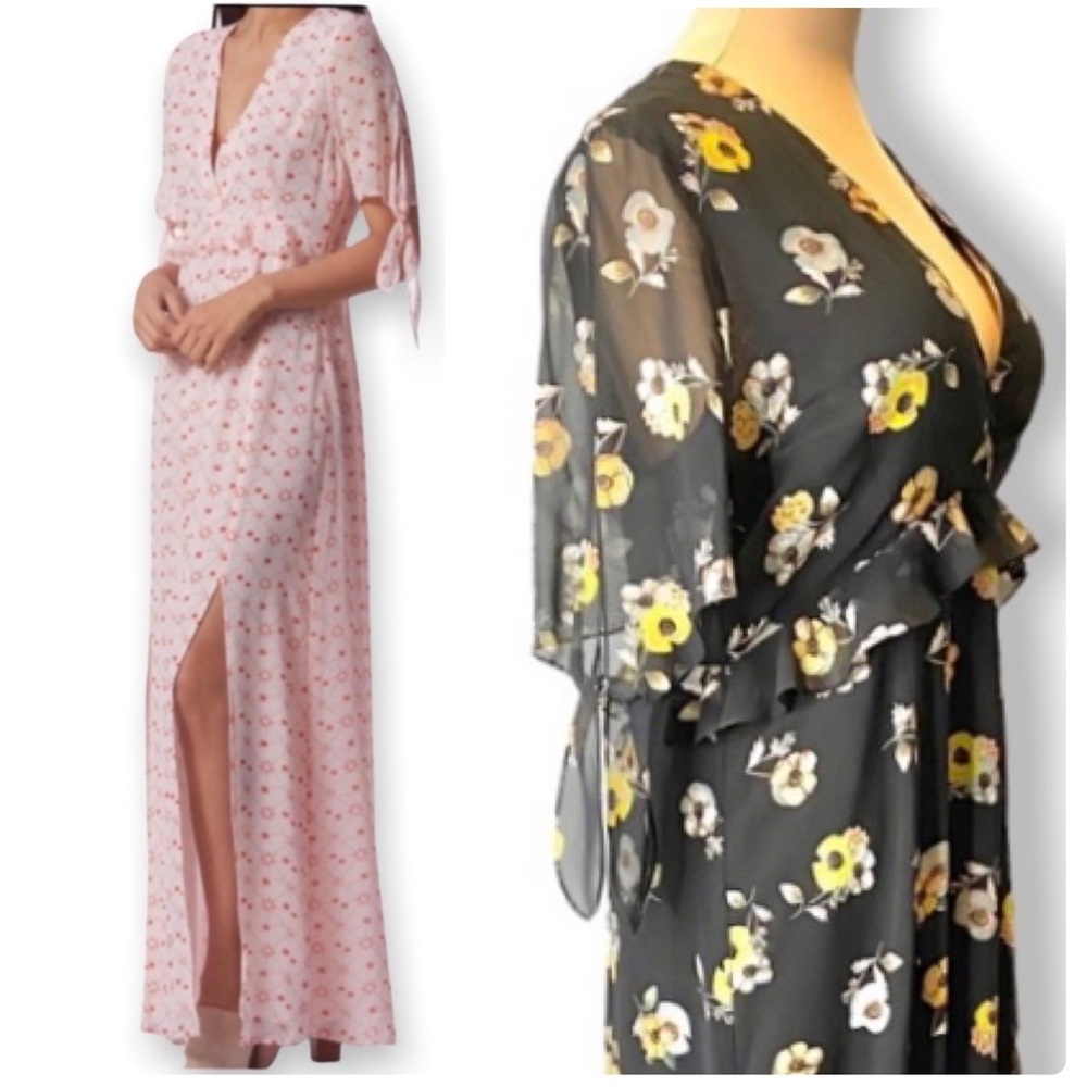 Avec Les Filles Flutter Sleeve Maxi Dress BLACK Floral Size L
